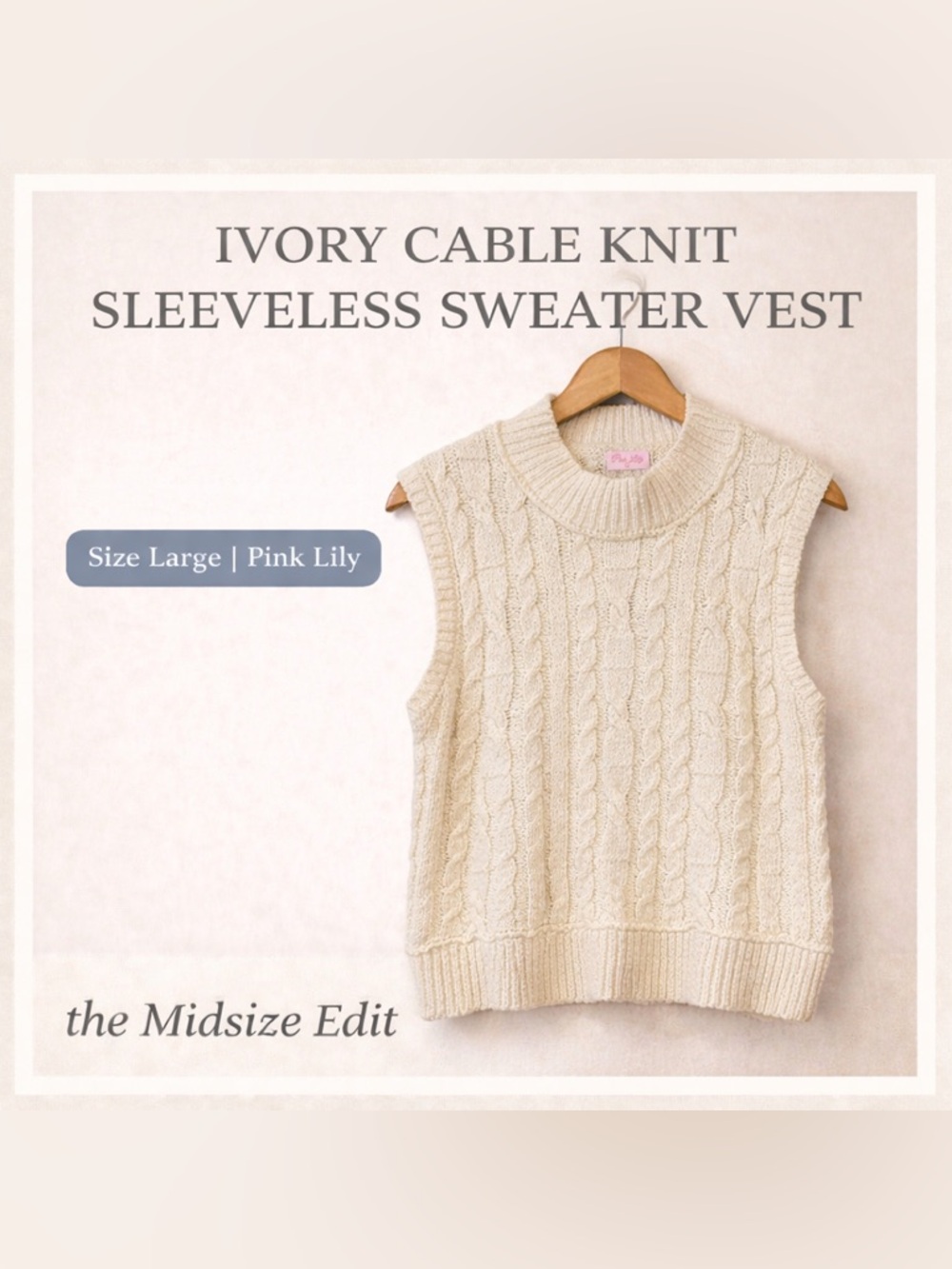 Pink Lily Ivory Cable Knit Sweater Vest | Size Large